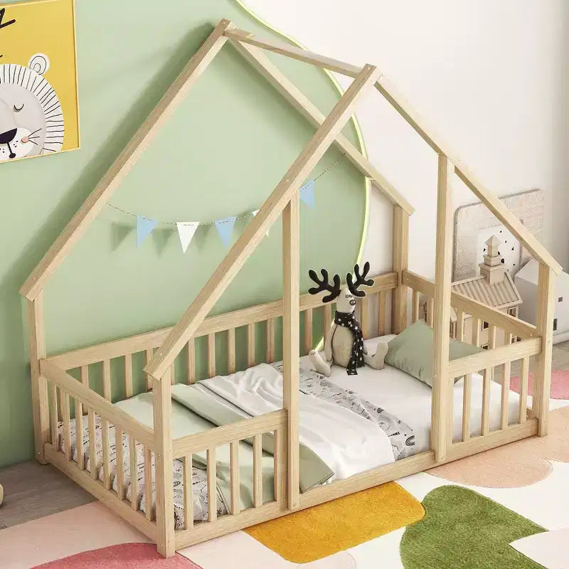 GDFStudio Dyras Letto a Pavimento Moderno a Forma di Casa in Legno con Recinzione e Sponde