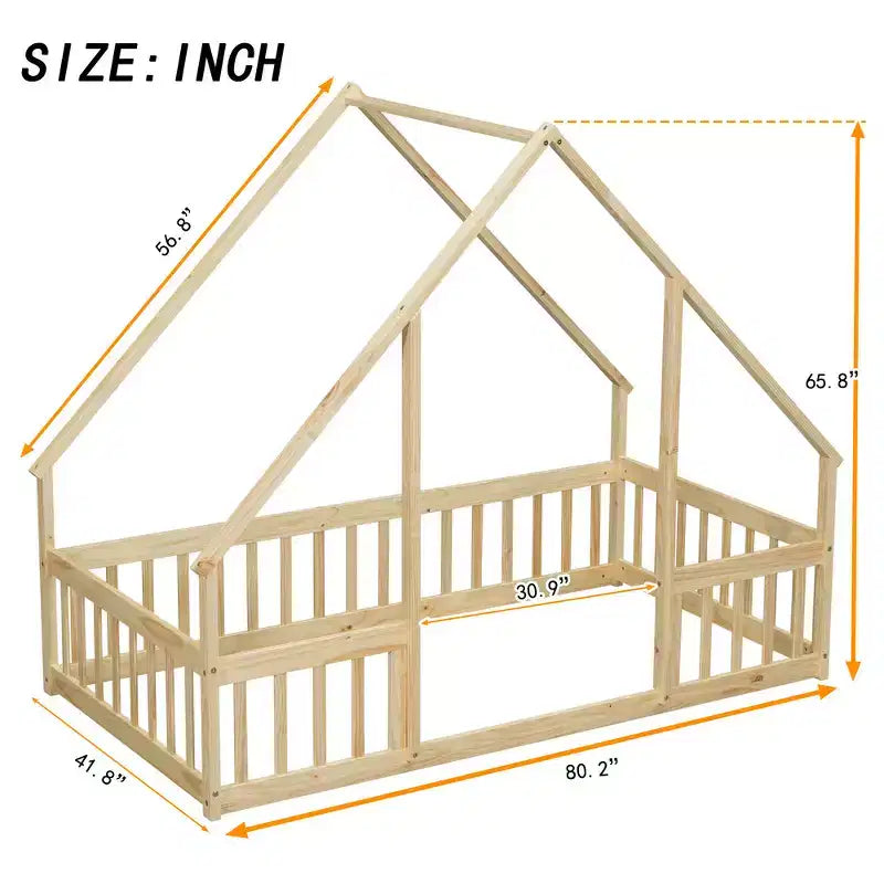 GDFStudio Dyras Letto a Pavimento Moderno a Forma di Casa in Legno con Recinzione e Sponde