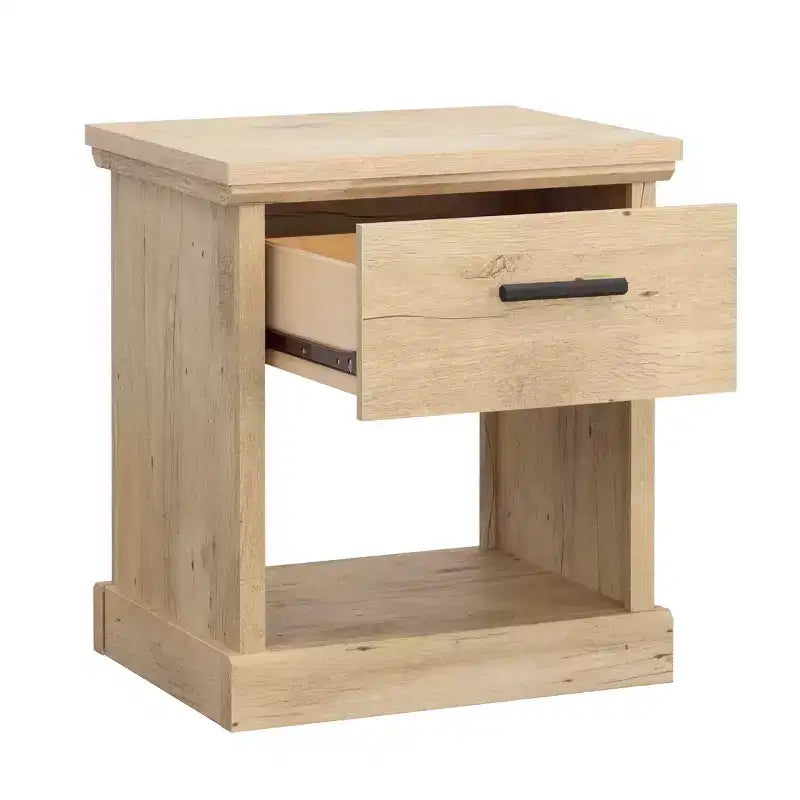Comodino moderno GDFStudio Nolan in legno con cassetto e ripiano aperto