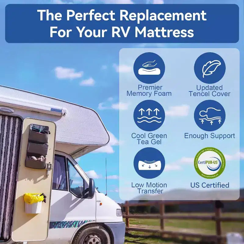 Dyonery 10 Materasso RV rinfrescante in memory foam al gel di tè verde, rivestimento in Tencel, rigidità media e certificato CertiPUR-US per camper/roulotte (materasso in scatola)