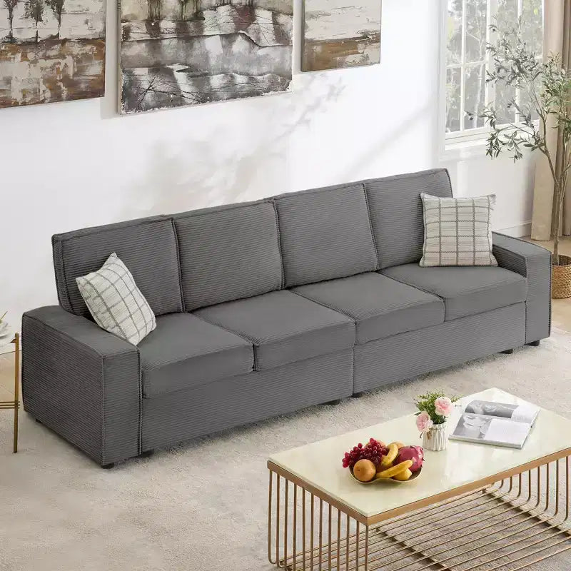 Divano componibile a 4 posti convertibile profondo con chaise longue/ampi braccioli, divanetto in velluto a coste felpato per soggiorno/ufficio, grigio
