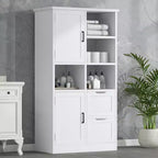62in Freestanding Bathroom Storage Cabinet with Doors and Drawers, Multiple Storage Space, Open Shelve & Adjustable Shelf, White