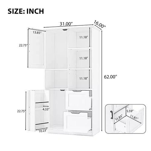 Meuble de Rangement Salle de Bain Autoportant 157 cm avec Portes et Tiroirs, Multiples Espaces de Rangement, Étagère Ouverte et Étagère Réglable, Blanc