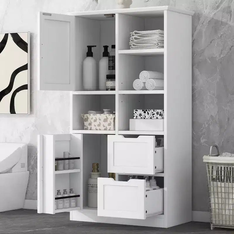Mobiletto da bagno autoportante da 157 cm con ante e cassetti, multi-scomparto, ripiano aperto e ripiano regolabile, bianco