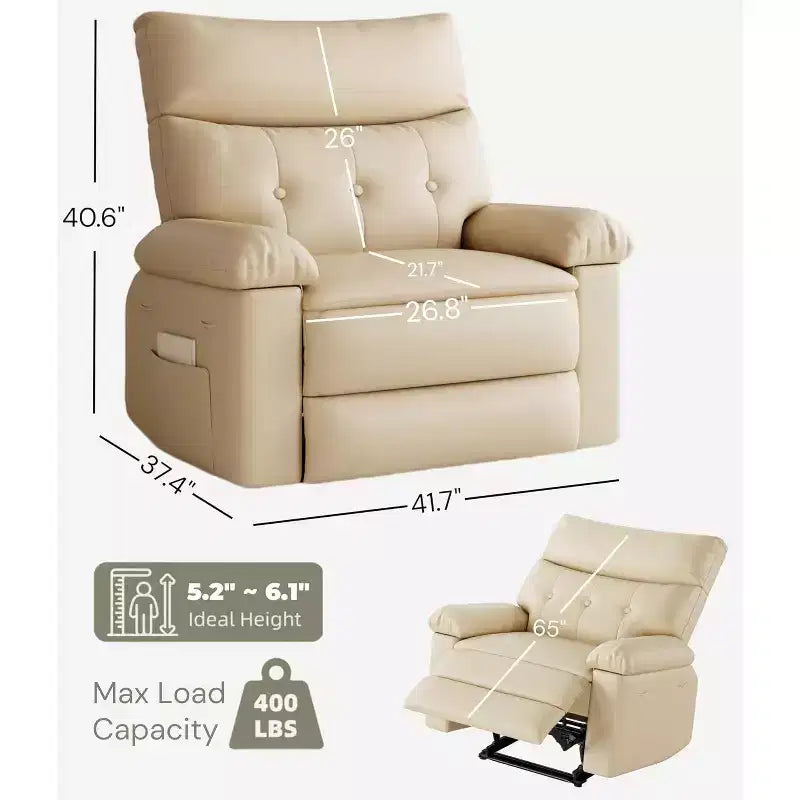 27 Poltrona reclinabile manuale oversize, classica in pelle con supporto lombare e braccioli, seduta per home theater per soggiorno e camera da letto