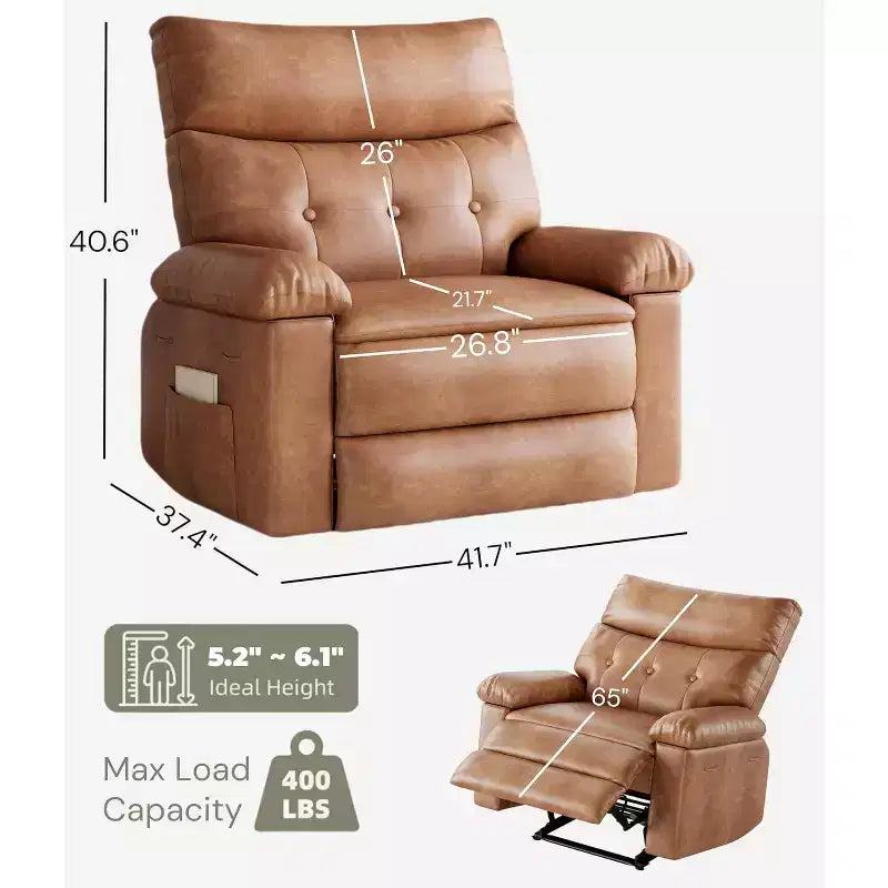 27 Poltrona reclinabile manuale oversize, classica in pelle con supporto lombare e braccioli, seduta per home theater per soggiorno e camera da letto
