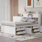Full Size Captain Platform Bed Frame with Storage Bookcases and Shelves,Four Drawers,White Full Size Captain Platform Bed Frame White