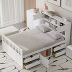 Letto a piattaforma "Captain" matrimoniale con librerie e ripiani contenitori, quattro cassetti, bianco