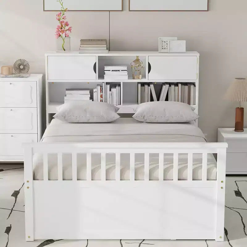 Letto a piattaforma "Captain" matrimoniale con librerie e ripiani contenitori, quattro cassetti, bianco