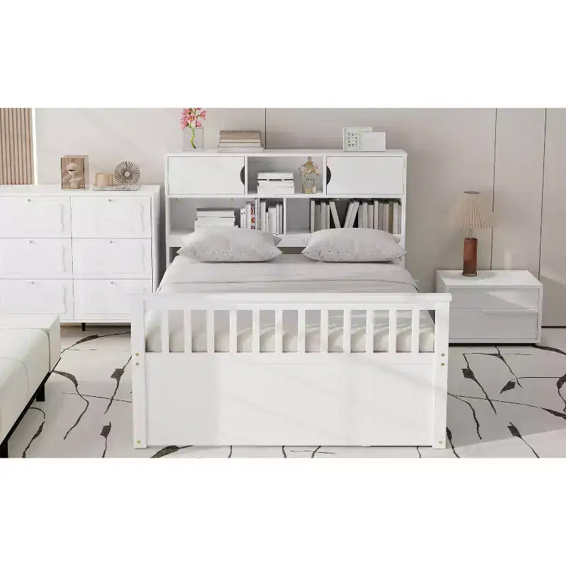 Letto a piattaforma "Captain" matrimoniale con librerie e ripiani contenitori, quattro cassetti, bianco