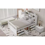 Letto a piattaforma "Captain" matrimoniale con librerie e ripiani contenitori, quattro cassetti, bianco