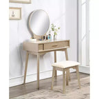 JVNOXK32.Specchio rotondo da 28 pollici, moderno, in legno, con gambe affusolate. Include cassetti con guide metalliche e set di sgabelli, oro