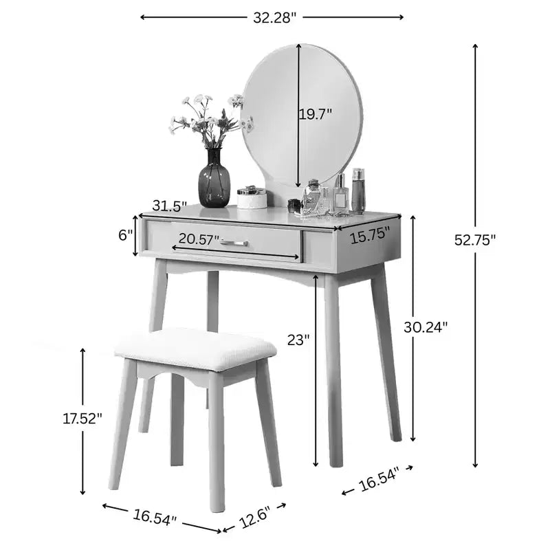 JVNOXK32.Specchio rotondo da 28 pollici, moderno, in legno, con gambe affusolate. Include cassetti con guide metalliche e set di sgabelli, oro