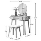 JVNOXK32.Specchio rotondo da 28 pollici, moderno, in legno, con gambe affusolate. Include cassetti con guide metalliche e set di sgabelli, oro
