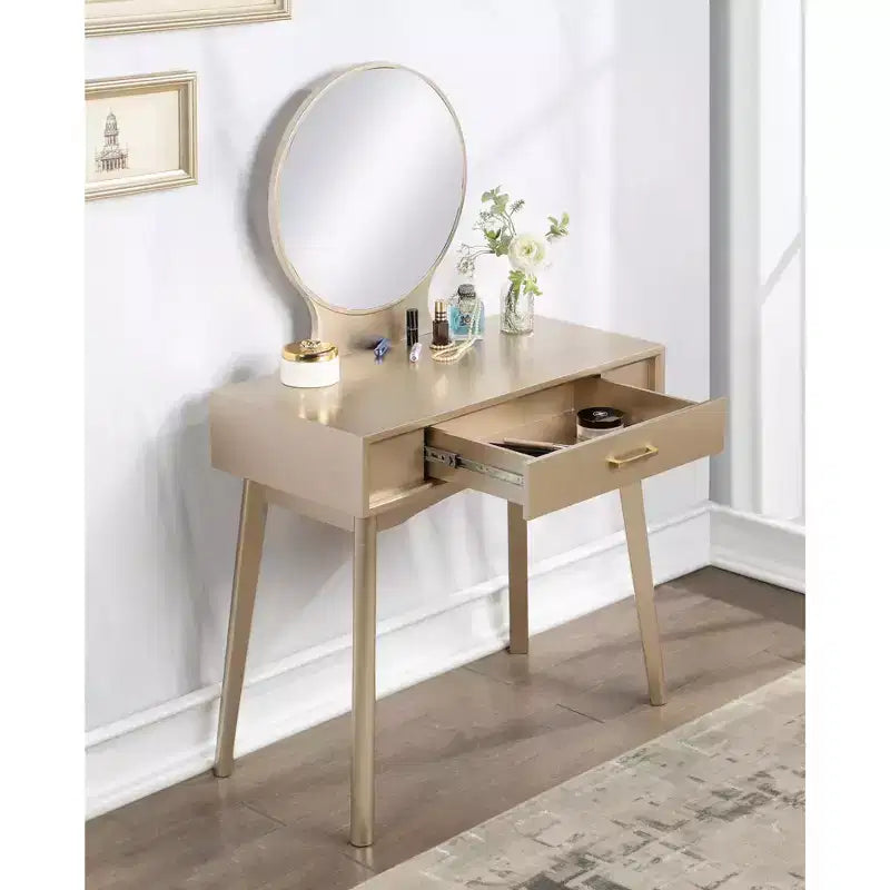 JVNOXK32.Specchio rotondo da 28 pollici, moderno, in legno, con gambe affusolate. Include cassetti con guide metalliche e set di sgabelli, oro