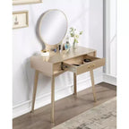 JVNOXK32.Specchio rotondo da 28 pollici, moderno, in legno, con gambe affusolate. Include cassetti con guide metalliche e set di sgabelli, oro