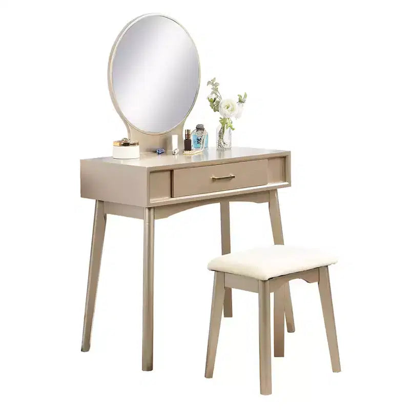 JVNOXK32.Specchio rotondo da 28 pollici, moderno, in legno, con gambe affusolate. Include cassetti con guide metalliche e set di sgabelli, oro