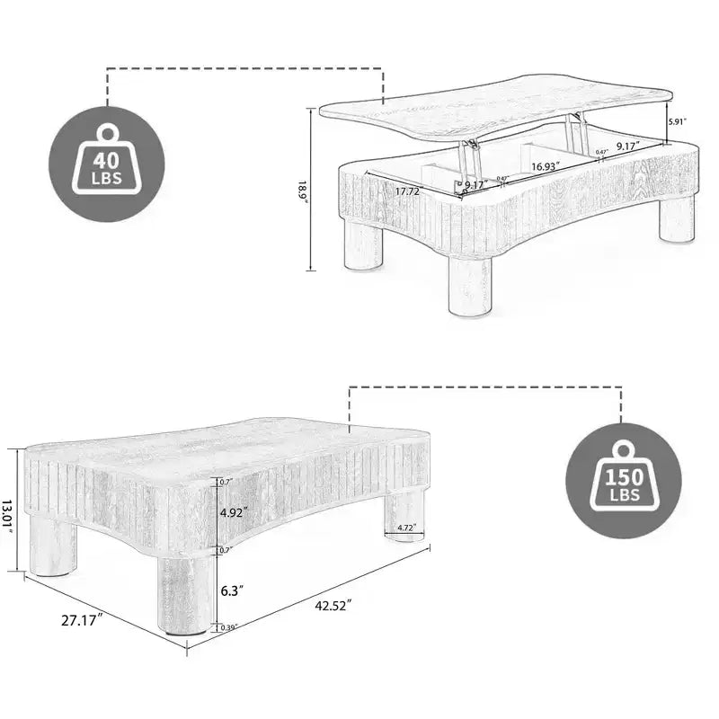 TUYOHW Tavolino da caffè liscio con piano sollevabile e vano portaoggetti nascosto, Tavolo centrale scanalato per soggiorno, Tavolino da cocktail in legno, Capacità 18 kg (sollevato)/68 kg