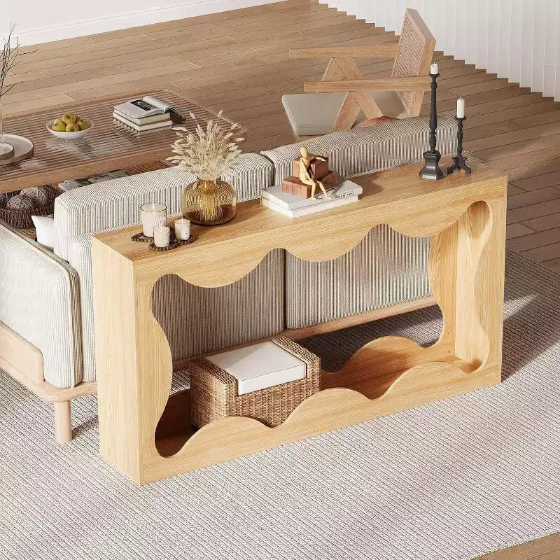 Consolle Acekool Farmhouse, Tavolo da Divano Stretto Scalloped Naturale con Ripiano Contenitore per Ingresso o Soggiorno