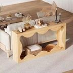 Consolle Acekool Farmhouse, Tavolo da Divano Stretto Scalloped Naturale con Ripiano Contenitore per Ingresso o Soggiorno