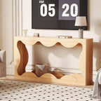 Consolle Acekool Farmhouse, Tavolo da Divano Stretto Scalloped Naturale con Ripiano Contenitore per Ingresso o Soggiorno