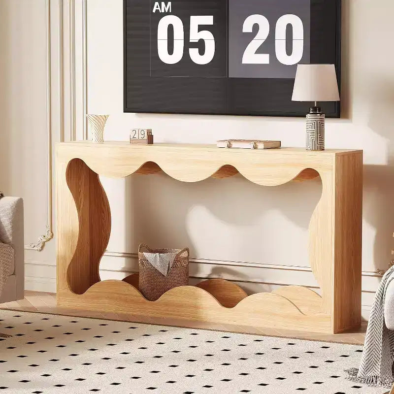 Consolle Acekool Farmhouse, Tavolo da Divano Stretto Scalloped Naturale con Ripiano Contenitore per Ingresso o Soggiorno