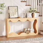 Consolle Acekool Farmhouse, Tavolo da Divano Stretto Scalloped Naturale con Ripiano Contenitore per Ingresso o Soggiorno