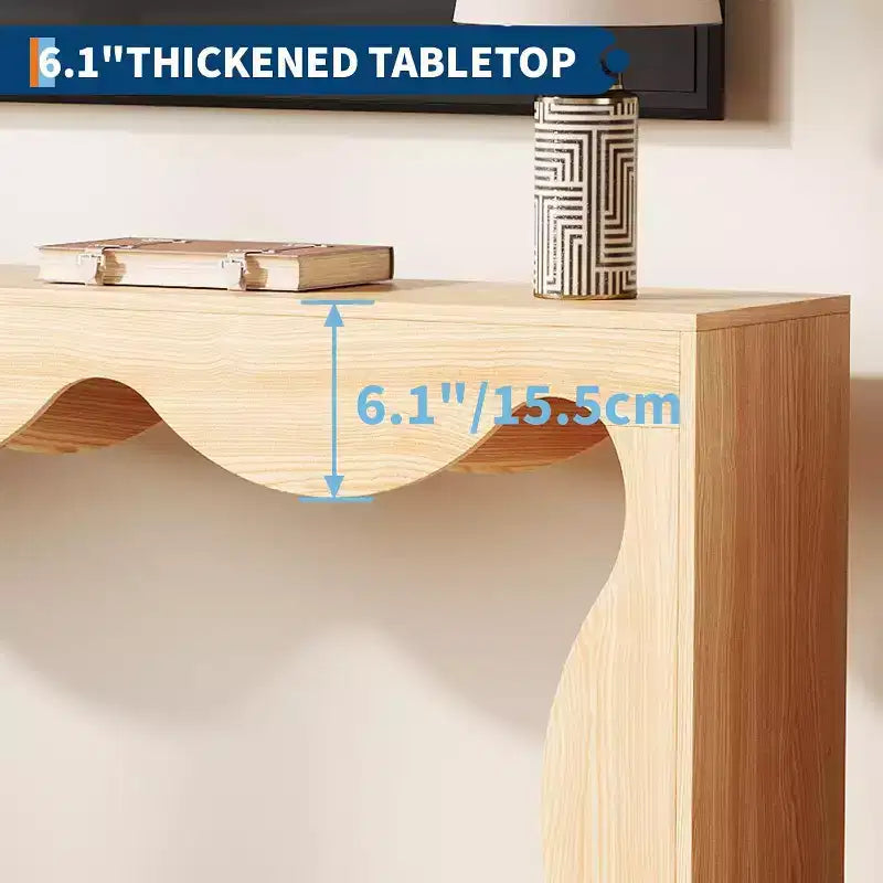 Consolle Acekool Farmhouse, Tavolo da Divano Stretto Scalloped Naturale con Ripiano Contenitore per Ingresso o Soggiorno