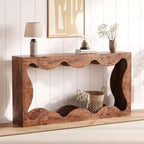 Consolle Acekool Farmhouse, Tavolo da Divano Stretto Scalloped Naturale con Ripiano Contenitore per Ingresso o Soggiorno