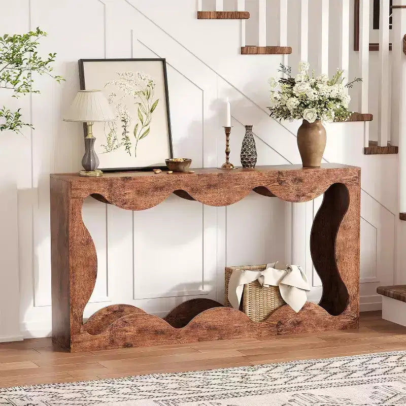 Consolle Acekool Farmhouse, Tavolo da Divano Stretto Scalloped Naturale con Ripiano Contenitore per Ingresso o Soggiorno