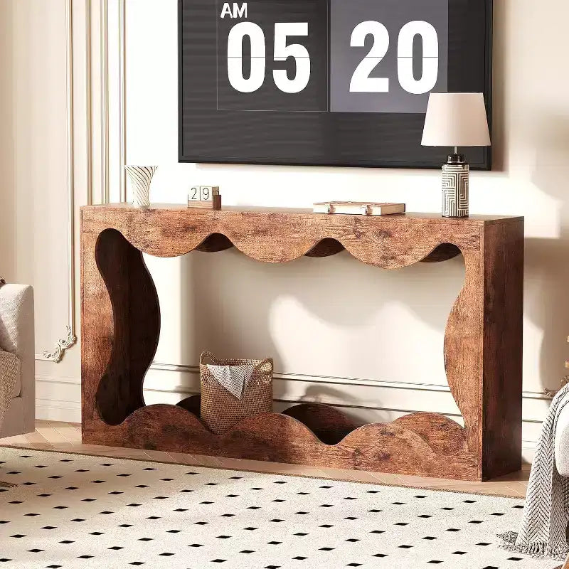 Consolle Acekool Farmhouse, Tavolo da Divano Stretto Scalloped Naturale con Ripiano Contenitore per Ingresso o Soggiorno