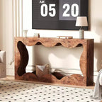 Consolle Acekool Farmhouse, Tavolo da Divano Stretto Scalloped Naturale con Ripiano Contenitore per Ingresso o Soggiorno