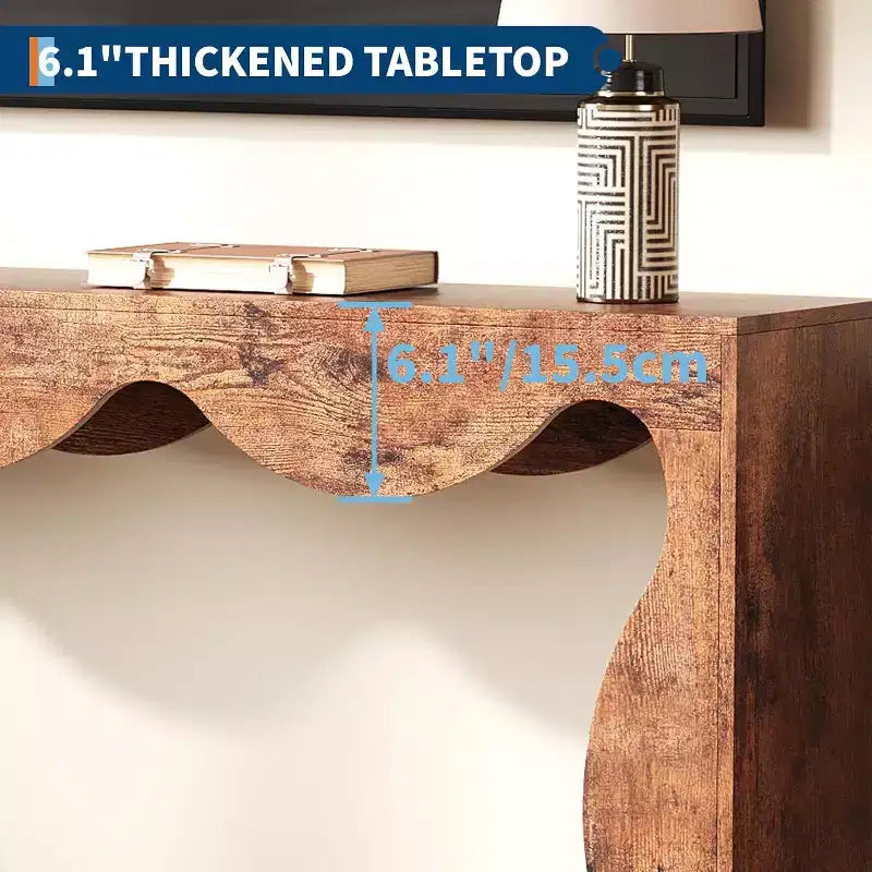 Consolle Acekool Farmhouse, Tavolo da Divano Stretto Scalloped Naturale con Ripiano Contenitore per Ingresso o Soggiorno
