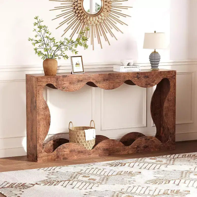 Consolle Acekool Farmhouse, Tavolo da Divano Stretto Scalloped Naturale con Ripiano Contenitore per Ingresso o Soggiorno