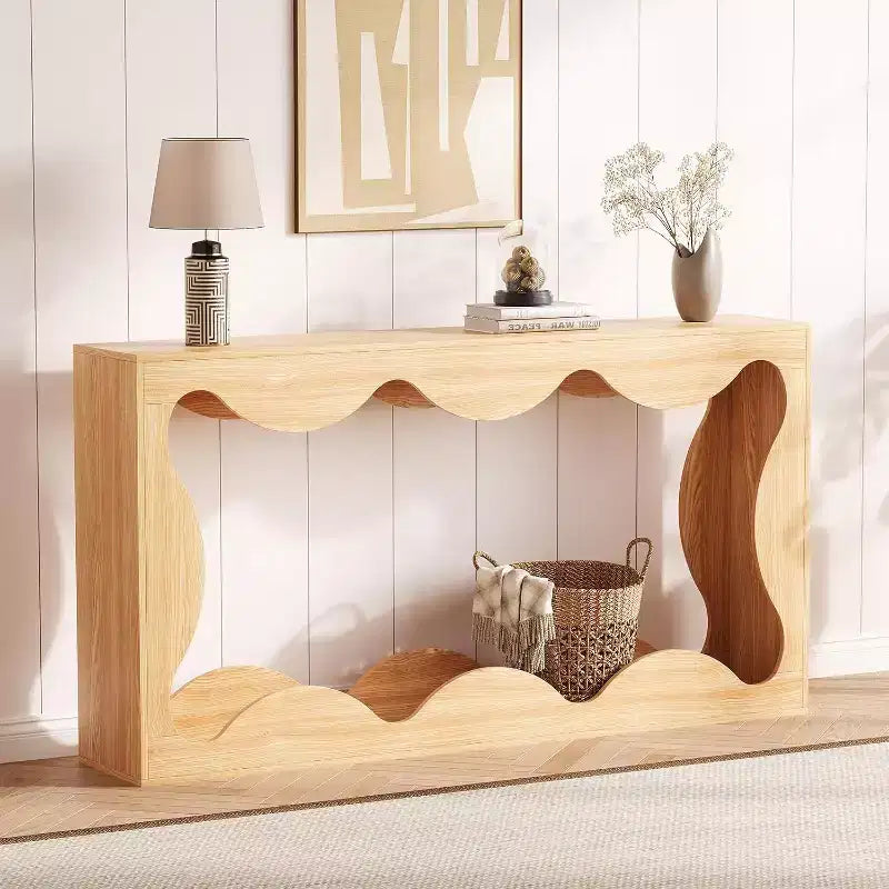 Consolle Acekool Farmhouse, Tavolo da Divano Stretto Scalloped Naturale con Ripiano Contenitore per Ingresso o Soggiorno