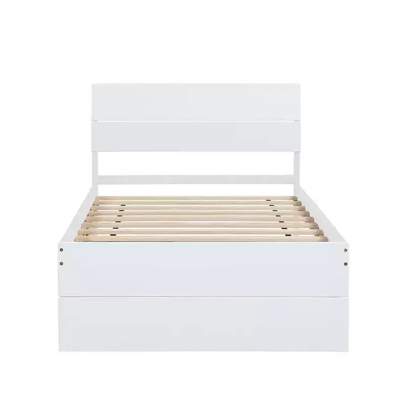 Struttura letto matrimoniale moderna con letto estraibile singolo, letto a piattaforma in legno massiccio con testiera, nessuna necessità di rete a molle, supporti a doghe in legno, bianco