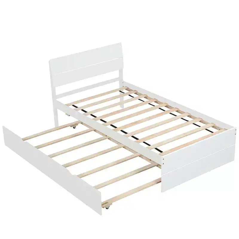 Struttura letto matrimoniale moderna con letto estraibile singolo, letto a piattaforma in legno massiccio con testiera, nessuna necessità di rete a molle, supporti a doghe in legno, bianco