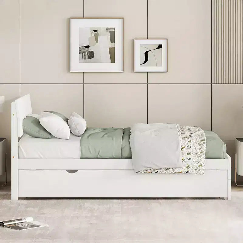 Struttura letto matrimoniale moderna con letto estraibile singolo, letto a piattaforma in legno massiccio con testiera, nessuna necessità di rete a molle, supporti a doghe in legno, bianco