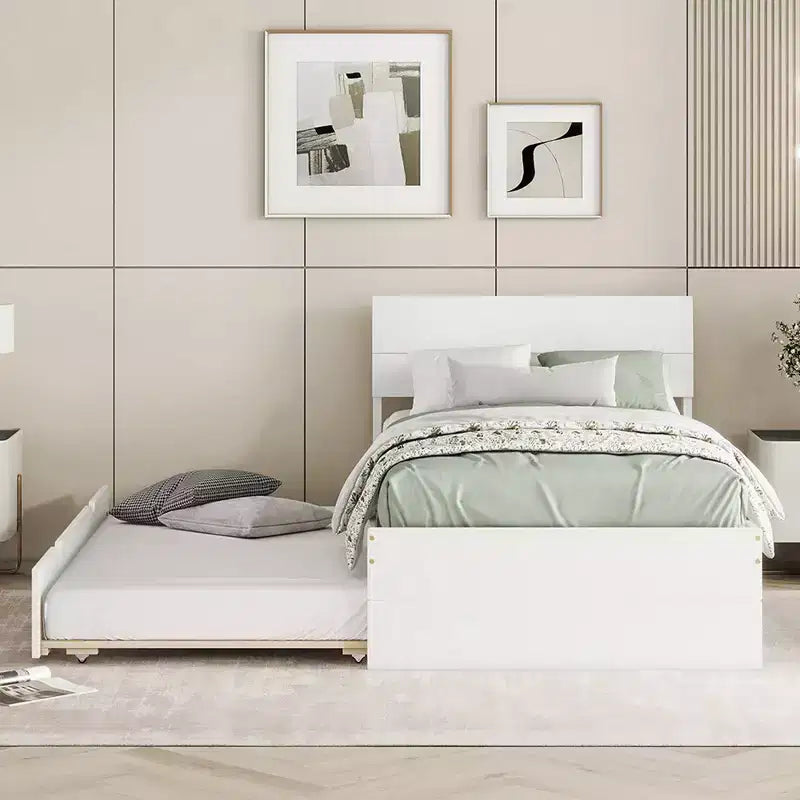 Struttura letto matrimoniale moderna con letto estraibile singolo, letto a piattaforma in legno massiccio con testiera, nessuna necessità di rete a molle, supporti a doghe in legno, bianco