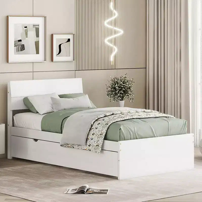 Struttura letto matrimoniale moderna con letto estraibile singolo, letto a piattaforma in legno massiccio con testiera, nessuna necessità di rete a molle, supporti a doghe in legno, bianco