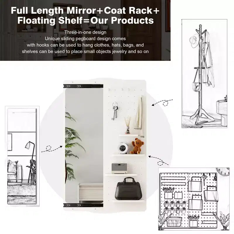 Specchio da parete a figura intera, specchio a figura intera con mensola, specchio a figura intera con gancio, specchio da parete con pannello dal design multifunzionale