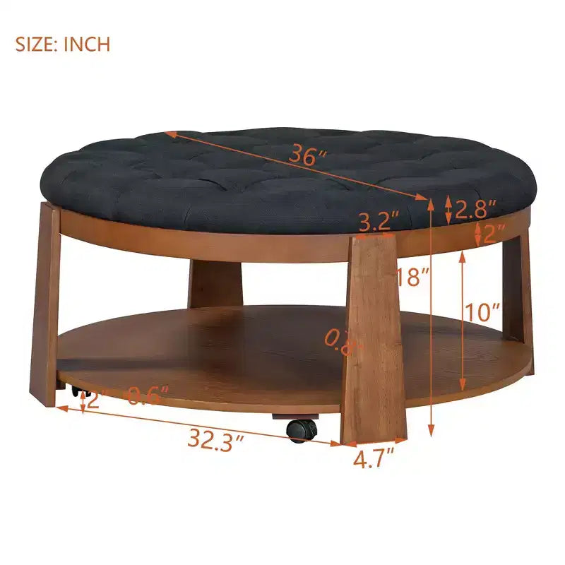 TUYOHW Tavolino/Ottomana a 2 Livelli per Soggiorno, Tavolino da Cocktail Accentato in Lino da 91 cm, Ottomana Oversize Trapuntata con Base in Legno di Gomma