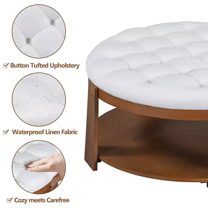 TUYOHW Tavolino/Ottomana a 2 Livelli per Soggiorno, Tavolino da Cocktail Accentato in Lino da 91 cm, Ottomana Oversize Trapuntata con Base in Legno di Gomma