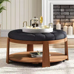 TUYOHW Tavolino/Ottomana a 2 Livelli per Soggiorno, Tavolino da Cocktail Accentato in Lino da 91 cm, Ottomana Oversize Trapuntata con Base in Legno di Gomma