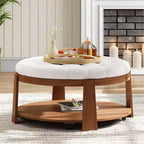 TUYOHW 2-Tier Ottoman Coffee Table for Living Room,36 Linen Accent Cocktail Table,Oversized Button Tufted Ottoman with Rubberwood Base