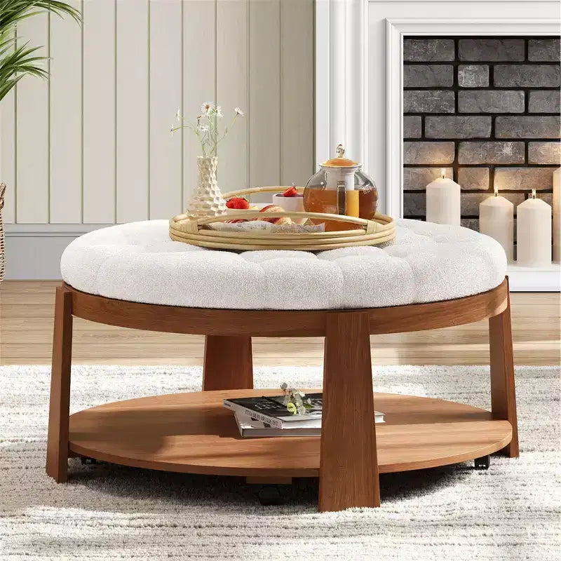 TUYOHW 2-Tier Ottoman Coffee Table for Living Room,36 Linen Accent Cocktail Table,Oversized Button Tufted Ottoman with Rubberwood Base