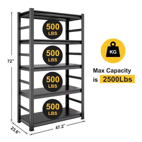 Scaffale portaoggetti in metallo scuro resistente a 5 ripiani, organizer regolabile