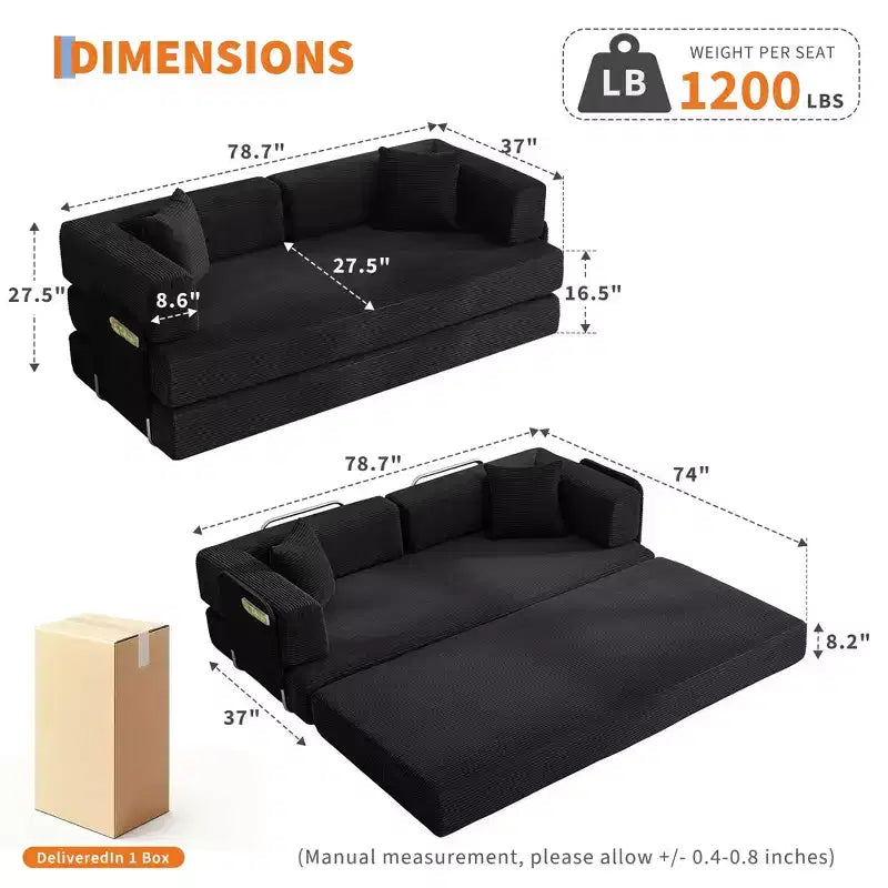 Chaise Longue Sdraio per Interni da 78,7", Divano Letto Oversize Senza Struttura Rivestito in Velluto a Coste con 2 Cuscini, per Soggiorno, Camera da Letto