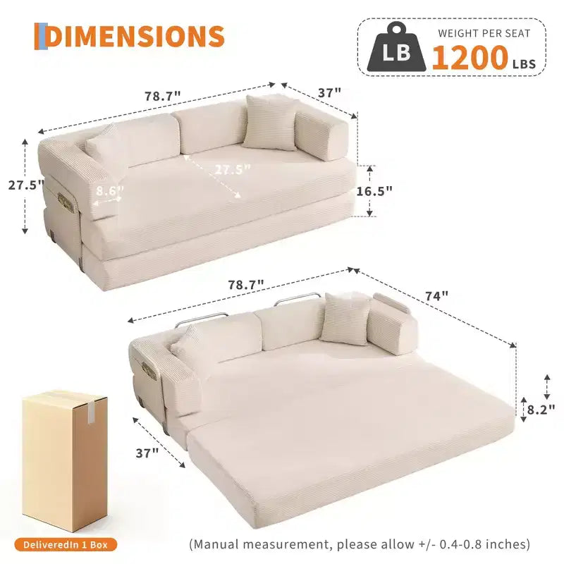 Chaise Longue Sdraio per Interni da 78,7", Divano Letto Oversize Senza Struttura Rivestito in Velluto a Coste con 2 Cuscini, per Soggiorno, Camera da Letto
