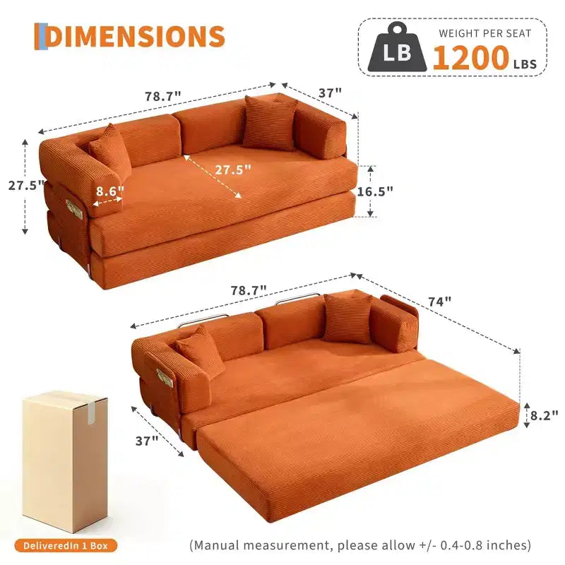 Chaise Longue Sdraio per Interni da 78,7", Divano Letto Oversize Senza Struttura Rivestito in Velluto a Coste con 2 Cuscini, per Soggiorno, Camera da Letto
